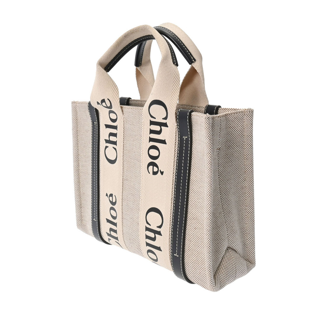 Chloe Canvas Leather Beige Woody Blue Tote Bag Navy Handbag